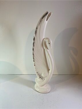 Vintage MCM Dramatic White Ceramic Swan With Silver Detail 16” Height